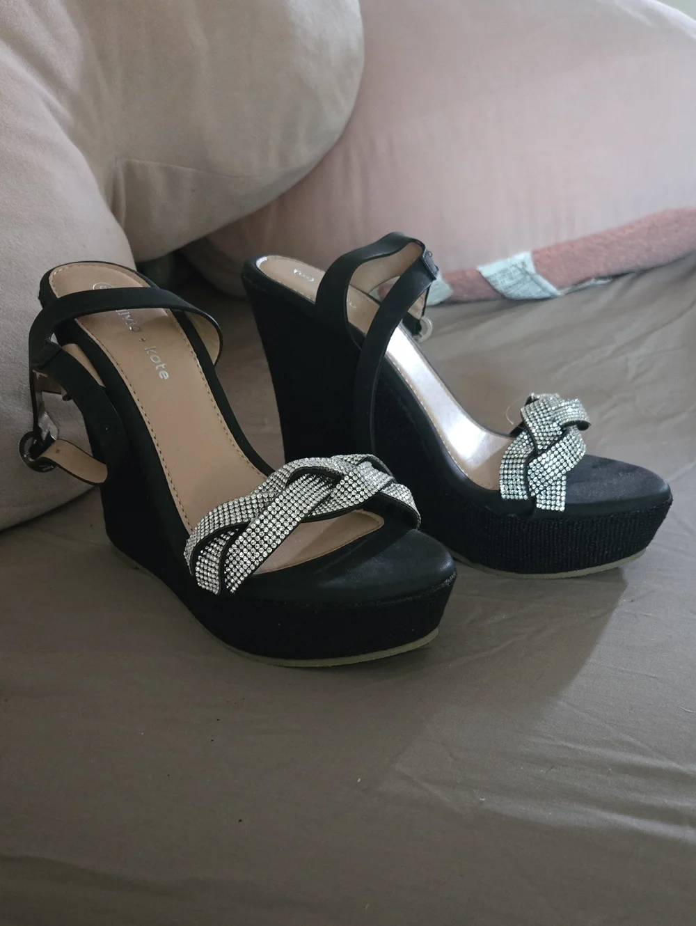 Black Rhinestone Knot Platform Wedge Sandals